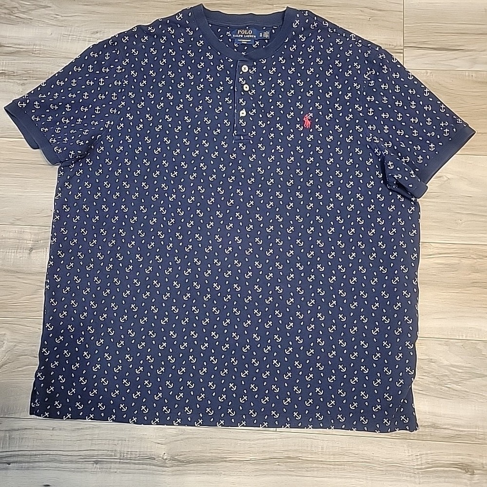 Polo Ralph Lauren Henley‎ Shirt Mens XL Blue Anchor Allover Print Logo  Pullover